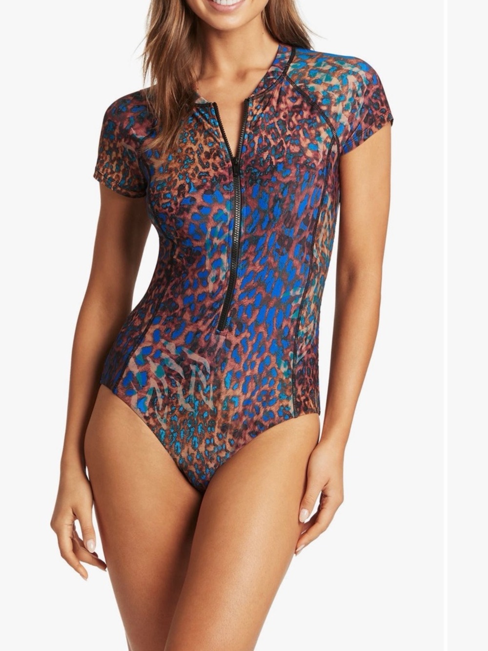 Sea Level Women's Blue Multi Leopard Zip-Front Short Sleeve Swimsuit